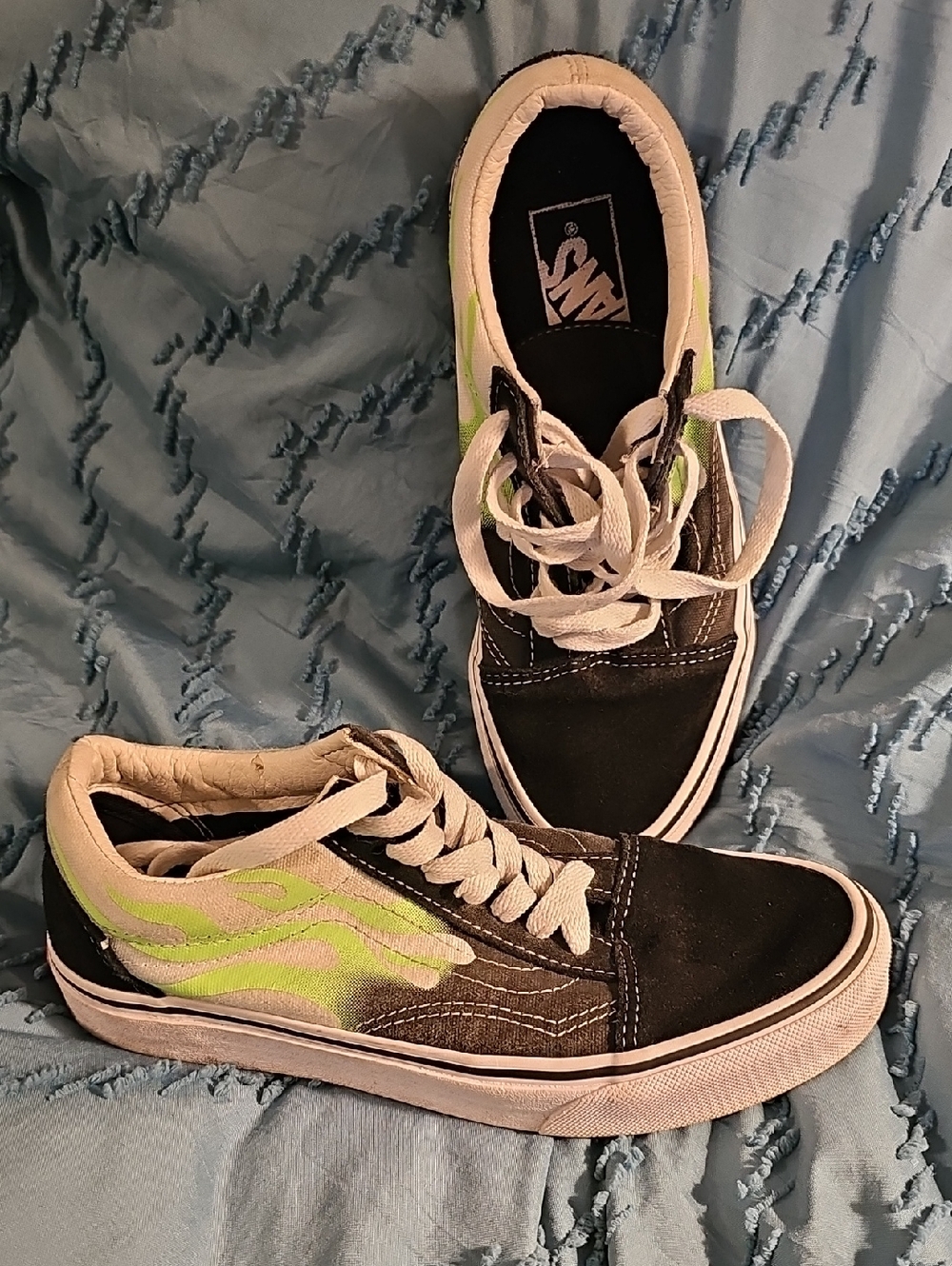 Vans Black Low-Top Sneakers with Neon Green Flame Detail